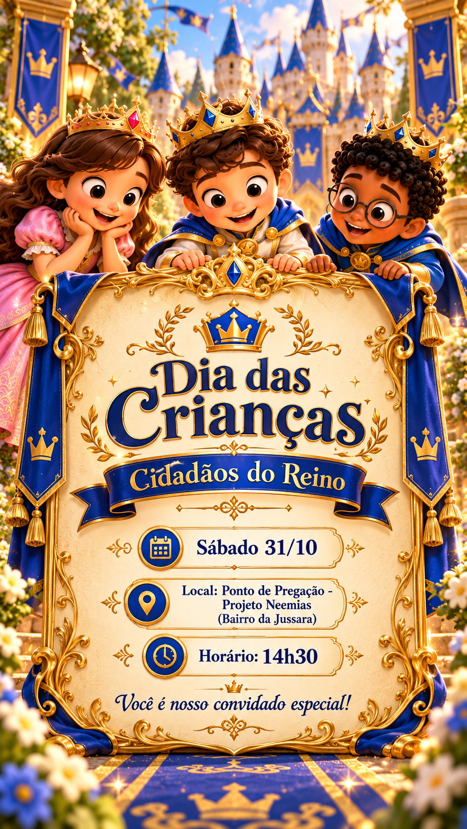 Dia das Crianças — Cidadãos do Reino. Sábado 31/10. Ponto de Pregação — Projeto Neemias, Bairro da Jussara. Horário 14h30. Você é nosso convidado especial!